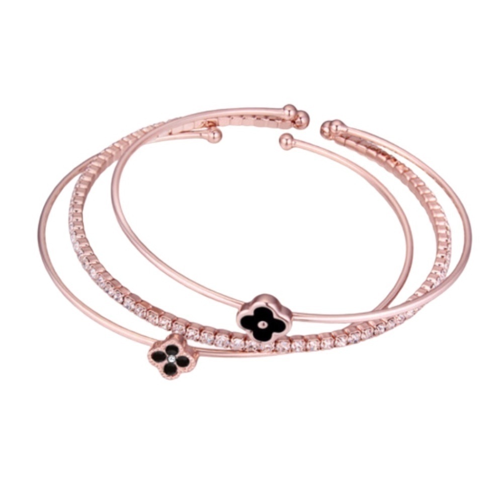 Rose Goldtone Flower Crystal Bracelet Set in Jet and Swarovski Accents